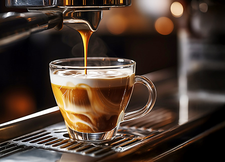 Espresso Pouring from Coffee Machine Flowing Into the Clear Coff