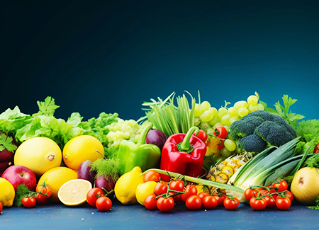 Fruits and vegetables in a blue background
